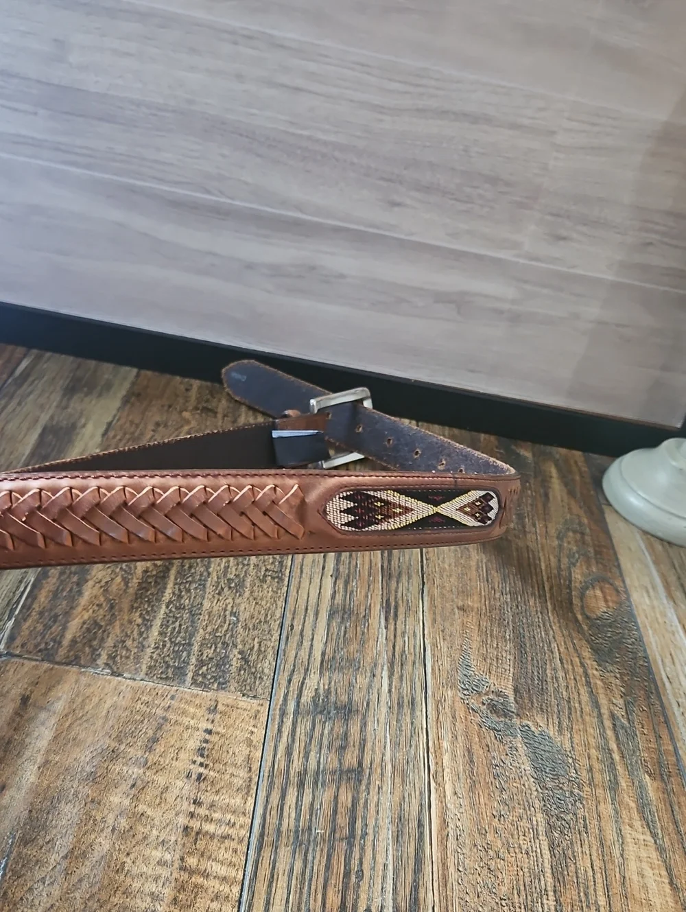 Brighton Men's Brown Leather Braided Belt with Aztec Design Inlay Size 34